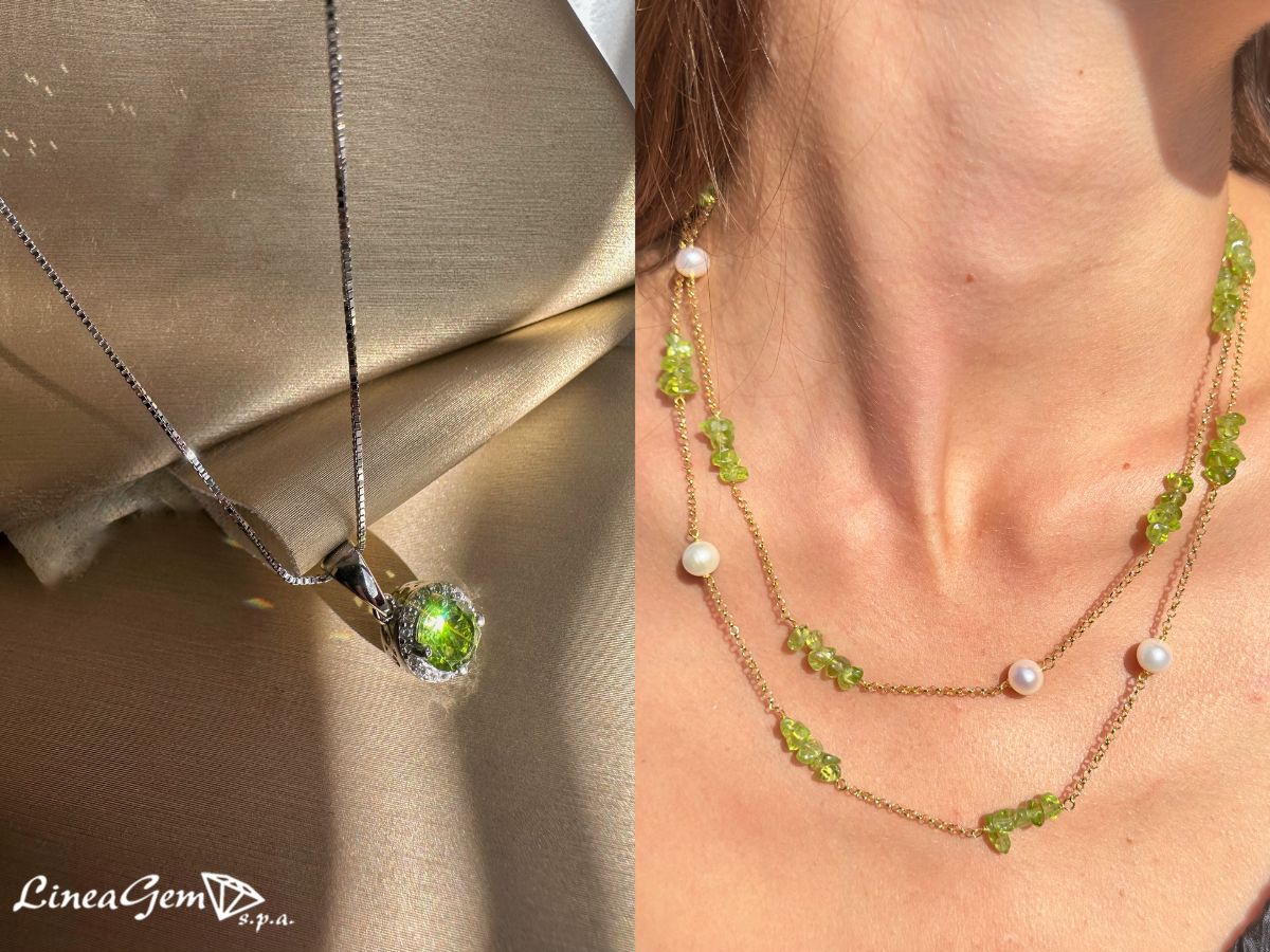 pendente di peridoto naturale e topazi e chanel con peridoto e perle